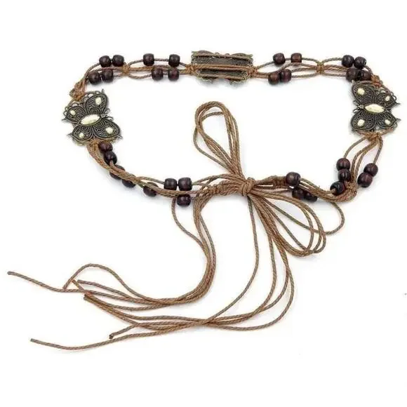 Boho Woven Adjustable Rope Belt With Yellow Butterfly Design - Picture 2 of 5